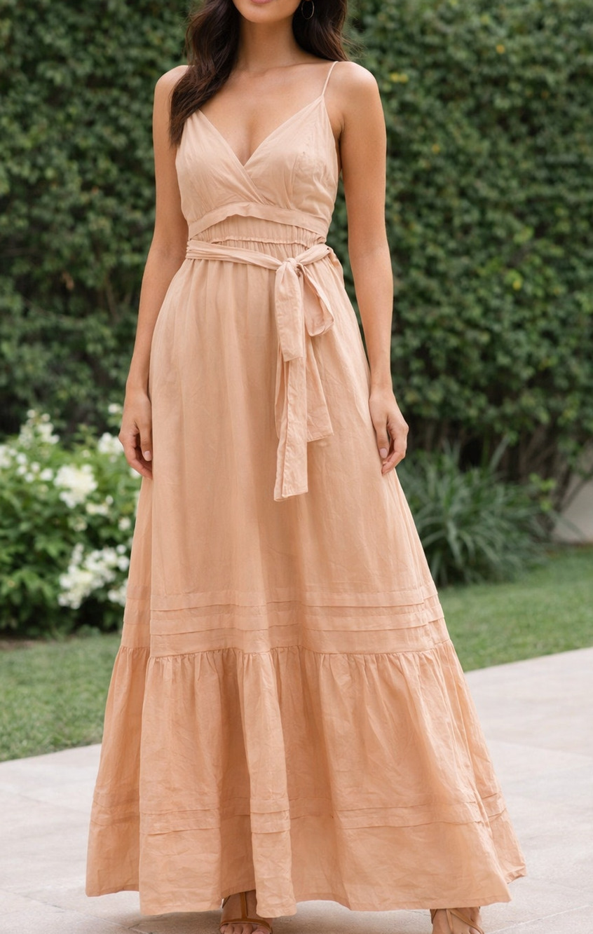 Pampelone Chloe V Neck Tiered Belted Cotton Maxi Dress Blush XS